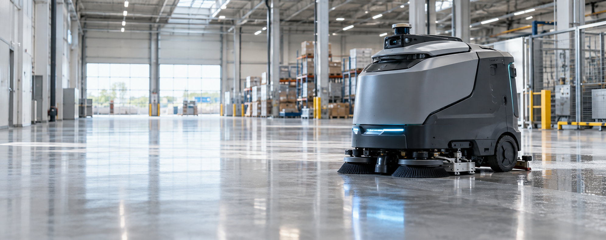 Autonomer Reinigungsroboter in einer modernen Eingangshalle